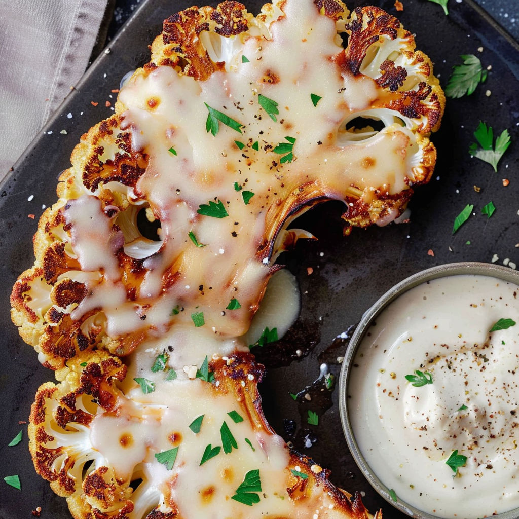 A marinated cauliflower steak with cheese on top.