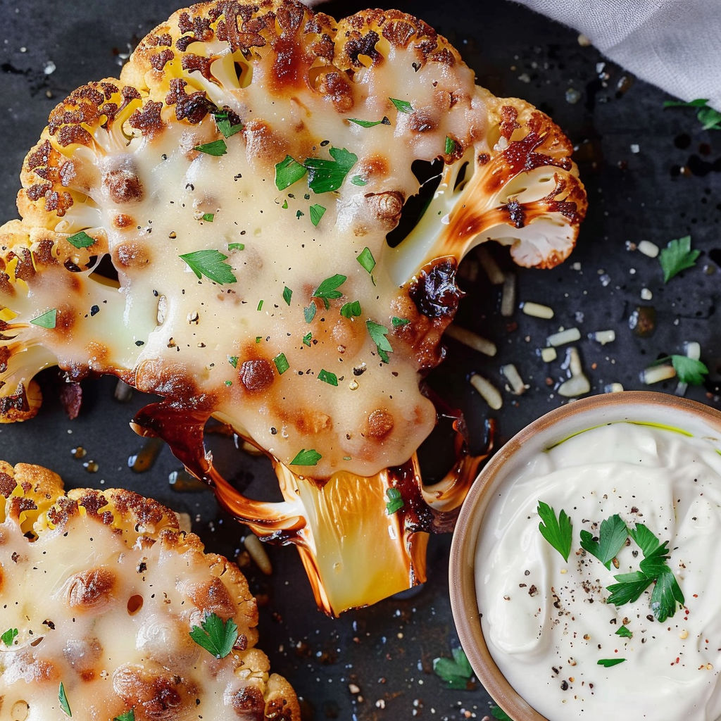 A marinated cauliflower with cheese on top.