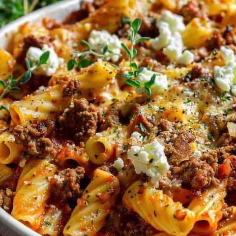 A bowl of pasta with feta cheese and meat.