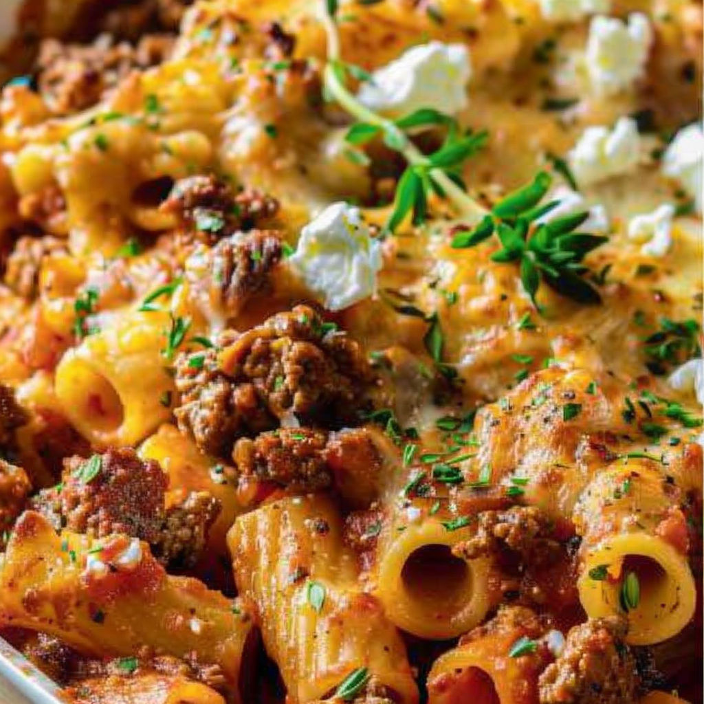 A dish of pasta with meat and cheese.