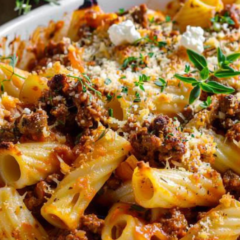 A bowl of pasta with meat and cheese.