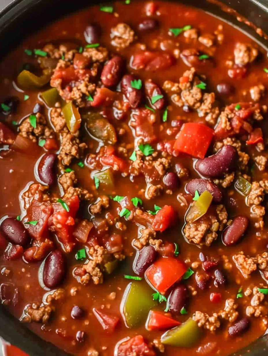 A close up of a crockpot chili recipe.