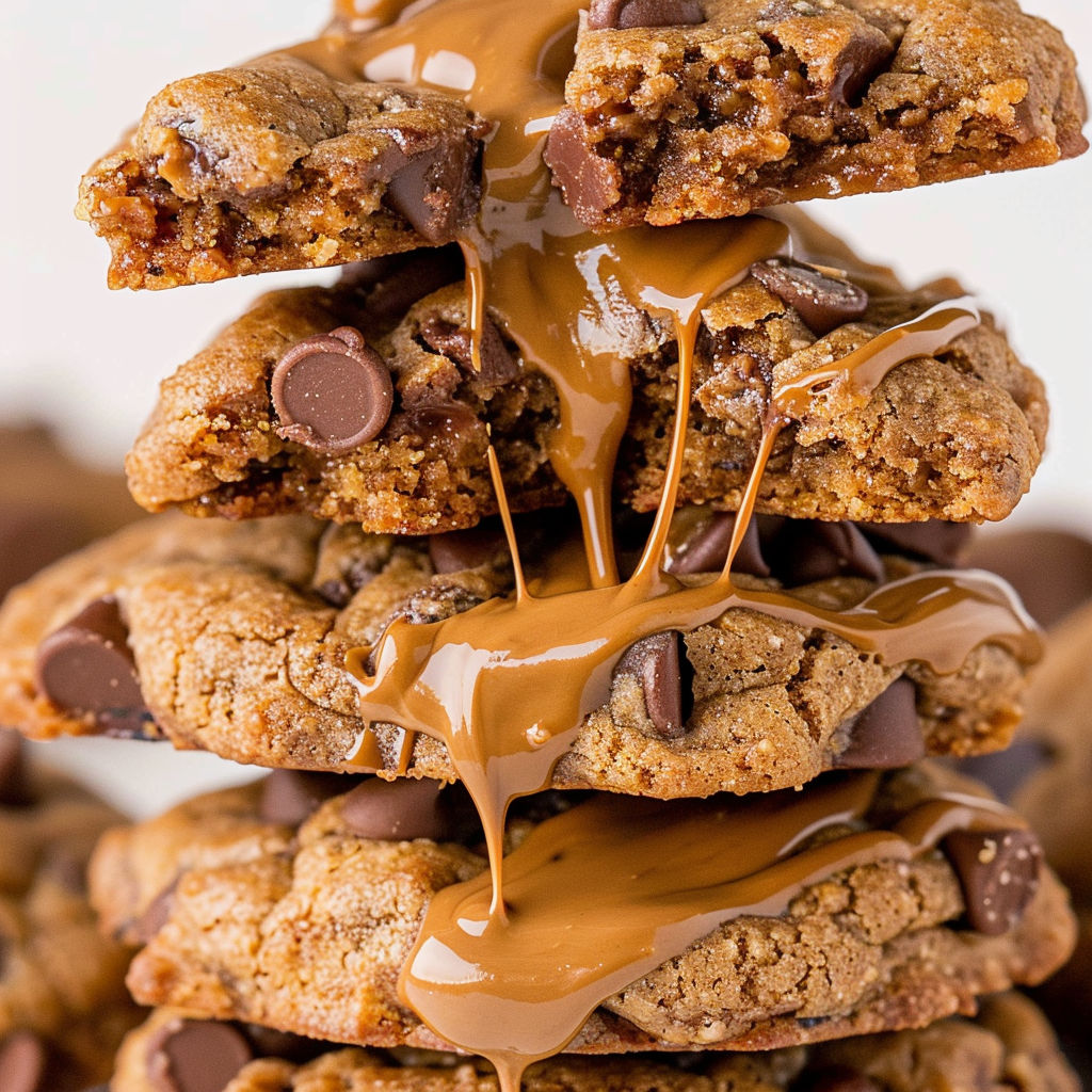 Chocolate chip biscoff cookies with caramel drizzle.