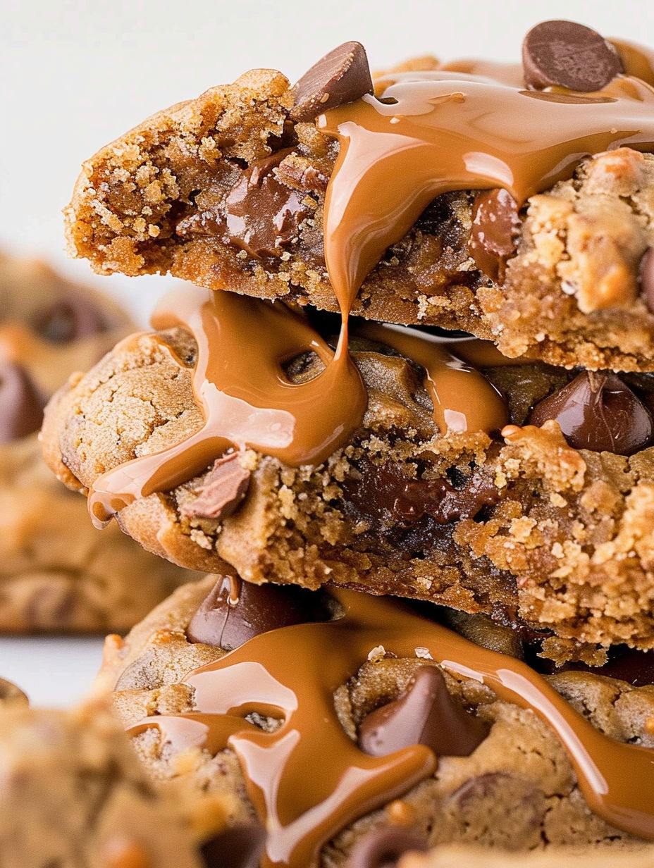 Chocolate chip biscoff cookies with caramel drizzle.