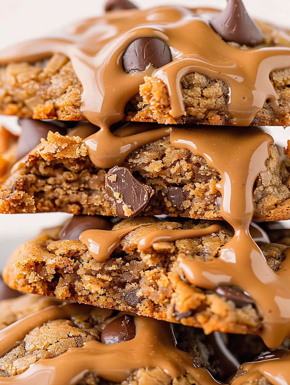 Chocolate chip biscotti cookies with caramel drizzle.