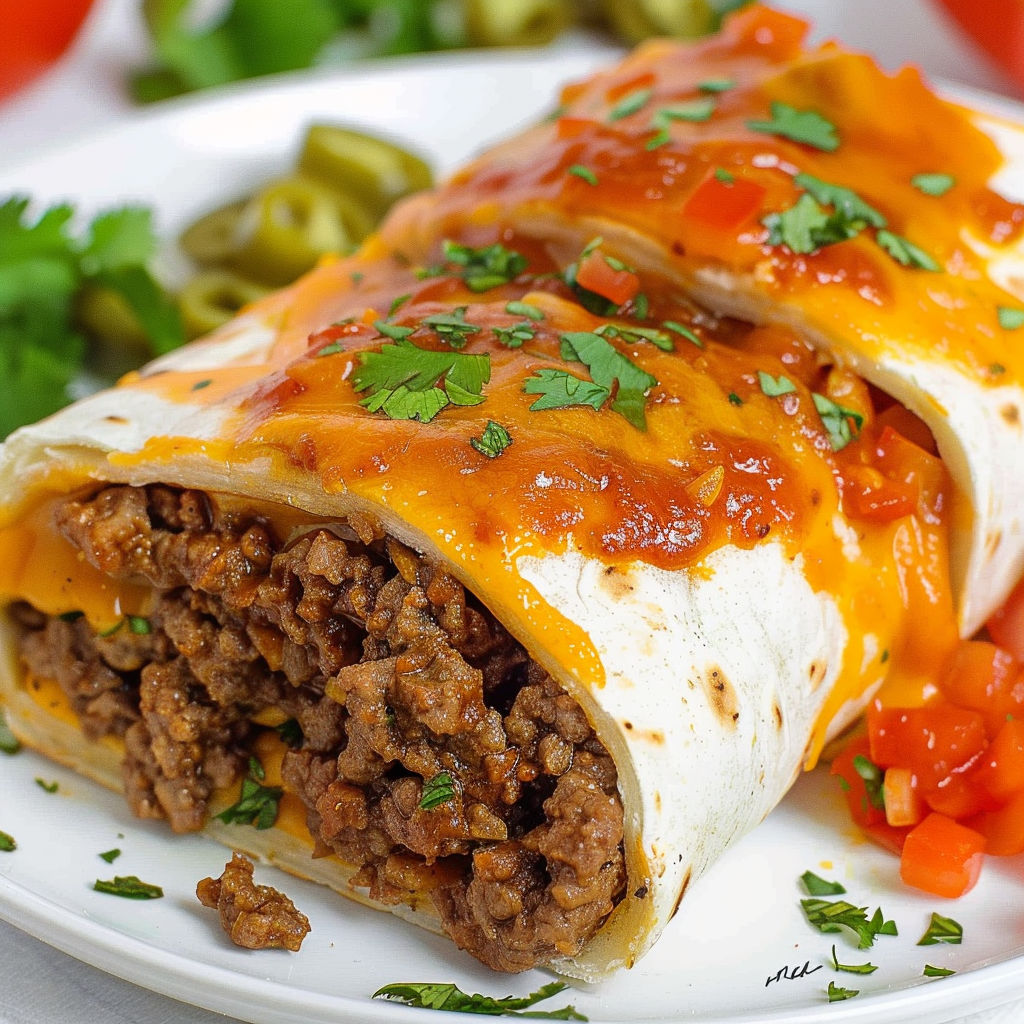 A beef burrito is served on a white plate.