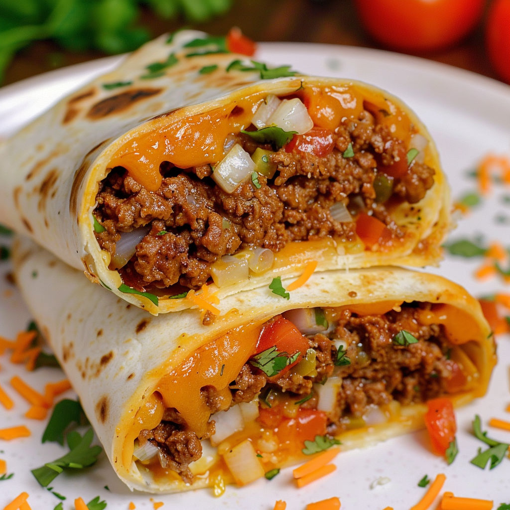 A beef burrito is on a plate.