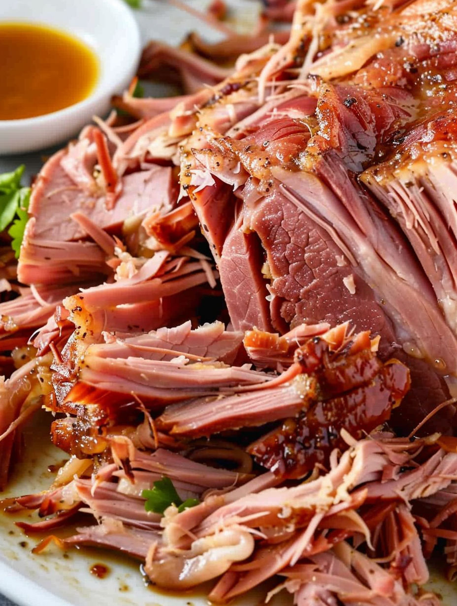 Pulled ham on a plate.
