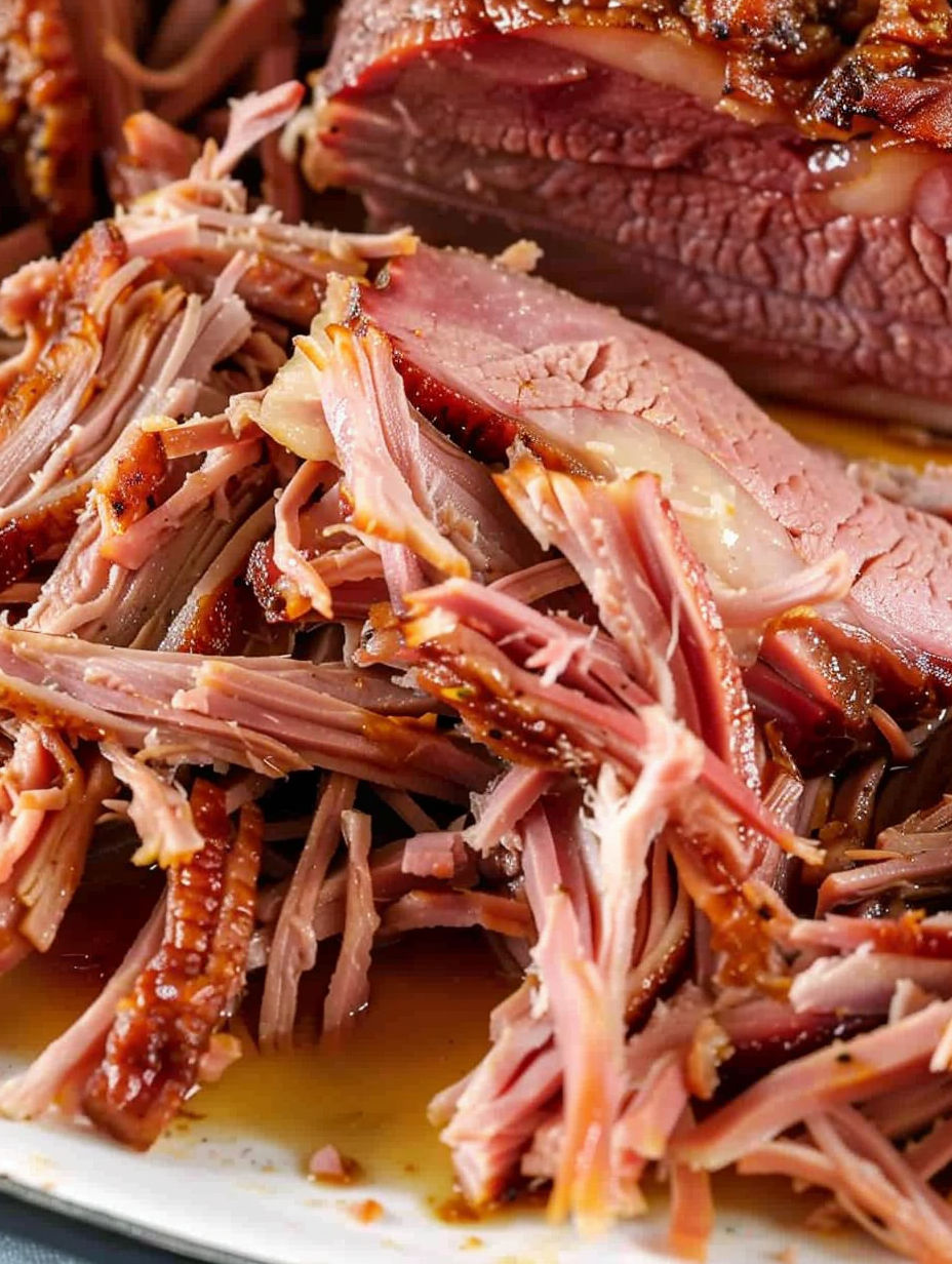 Pulled ham on a plate.
