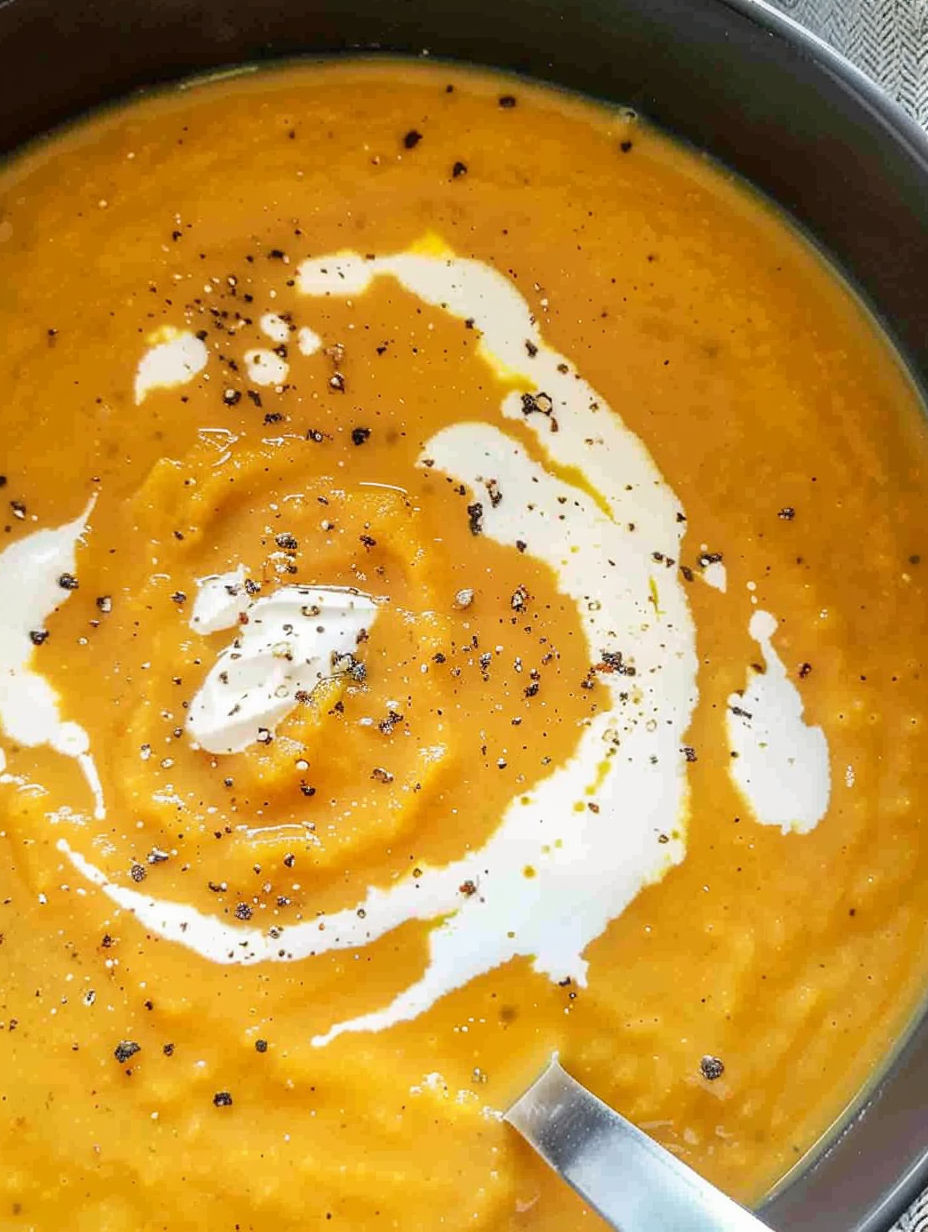 A bowl of soup with a spoon in it.