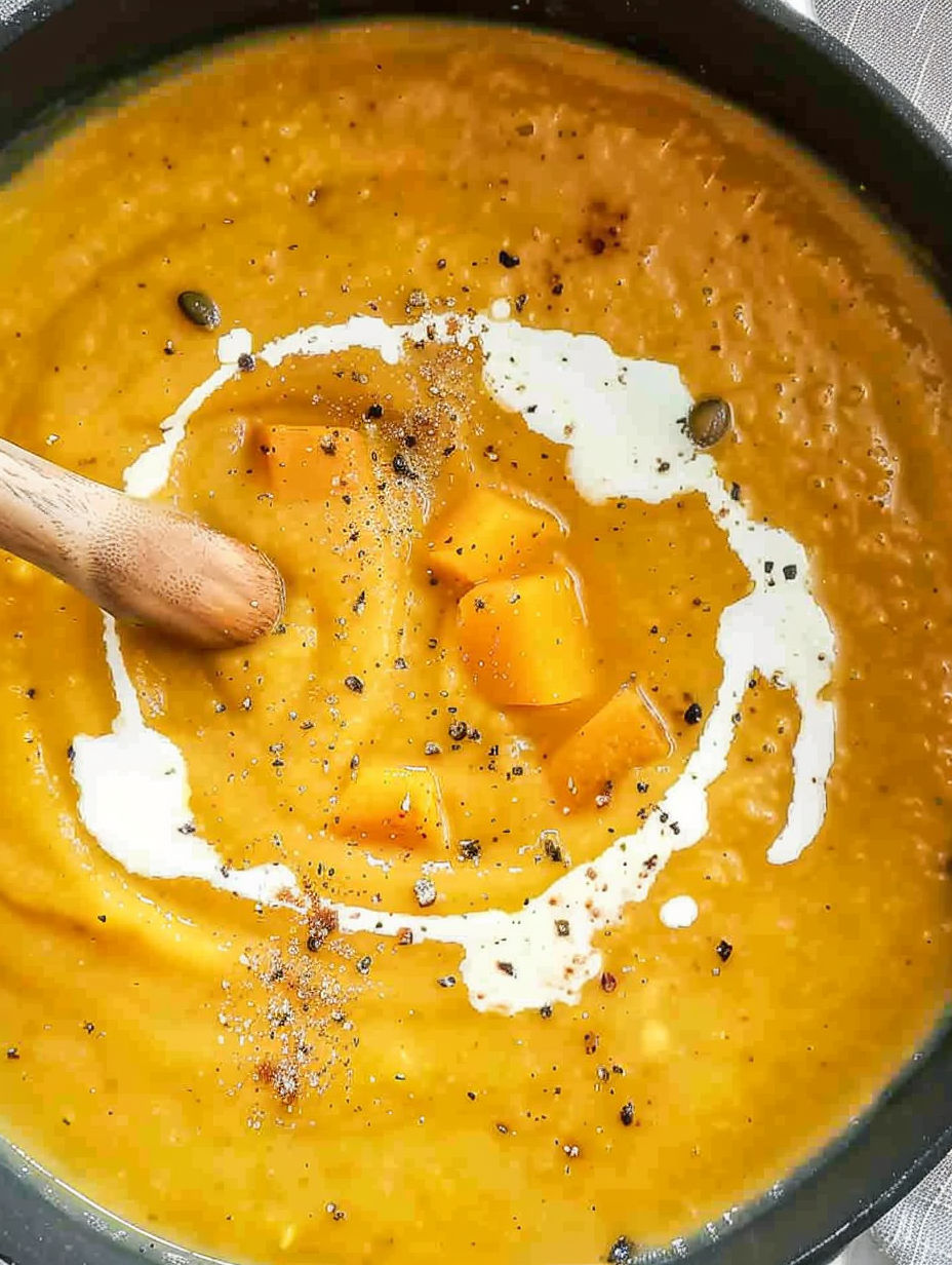 A spoon is in a bowl of soup.