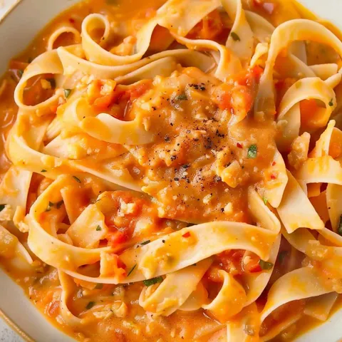 A bowl of pasta with a red sauce.