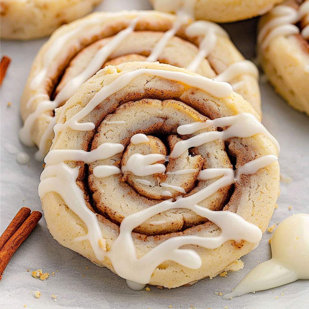 A cinnamon roll cookie with white icing.