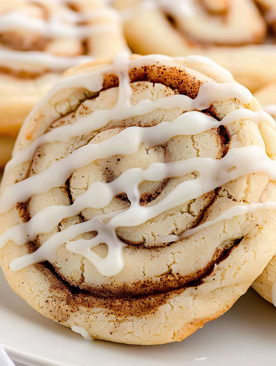 A cinnamon roll cookie with white icing.