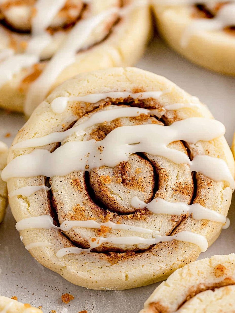 A cinnamon roll cookie with white icing.