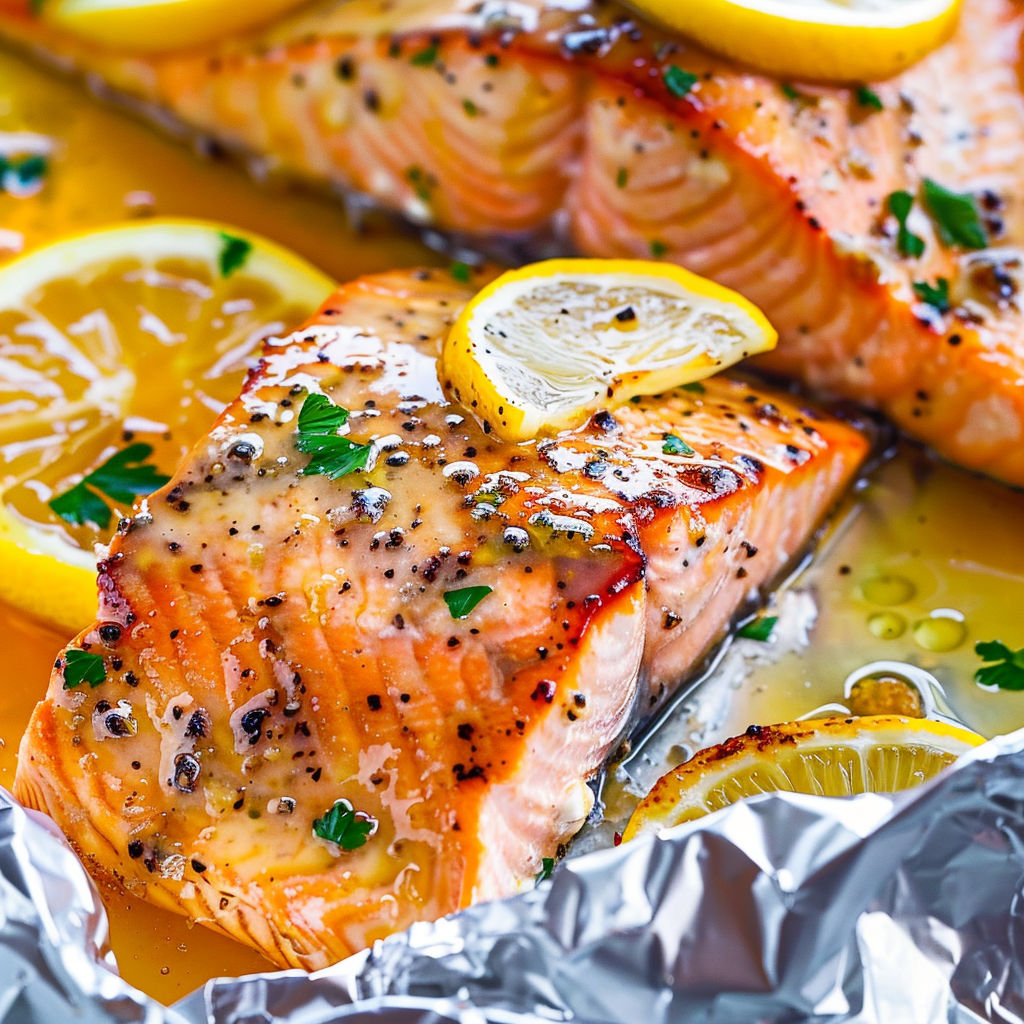 A piece of salmon with lemon and garlic butter on a sheet pan.