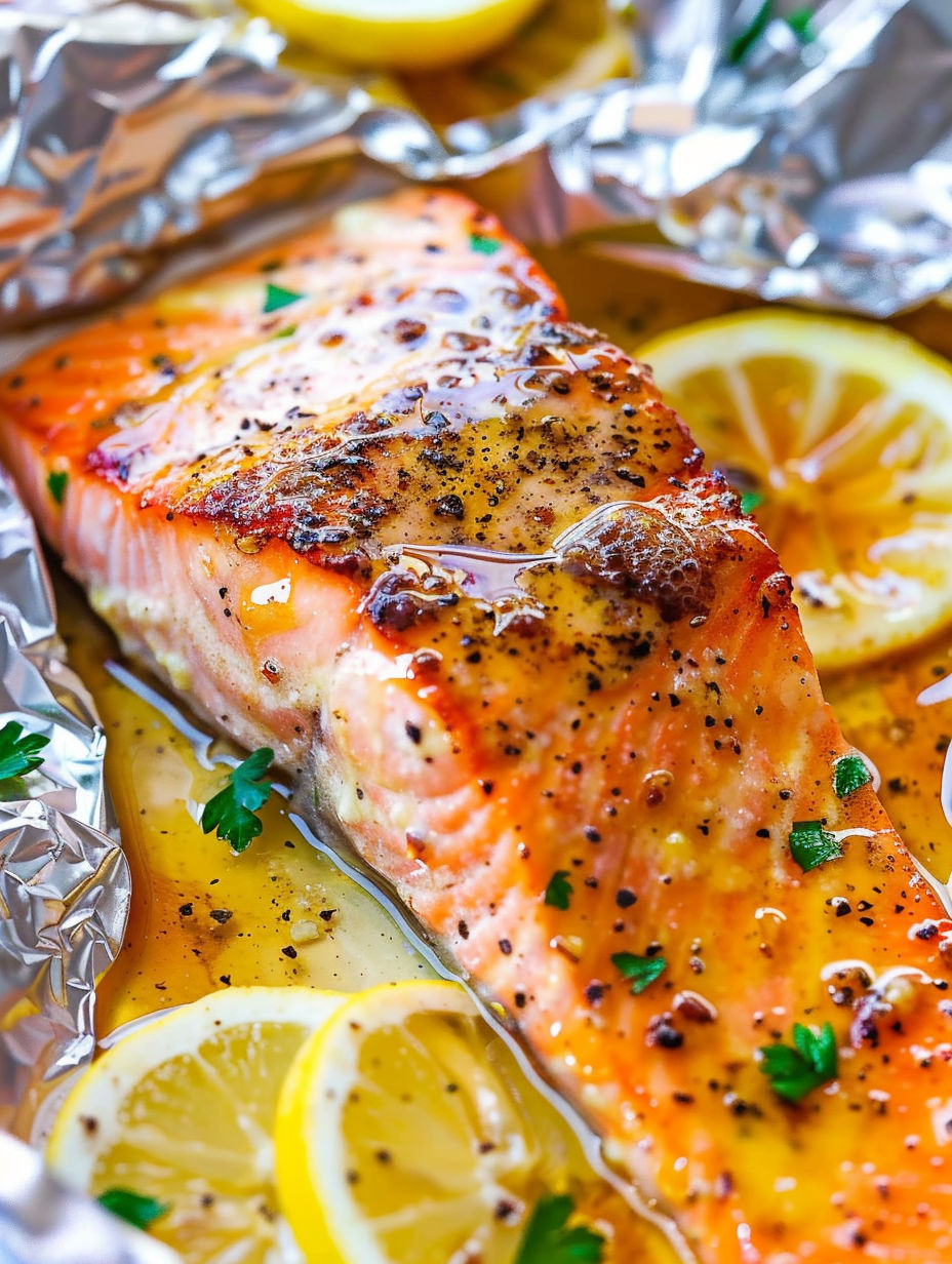 A piece of salmon with lemon and garlic butter on a sheet pan.
