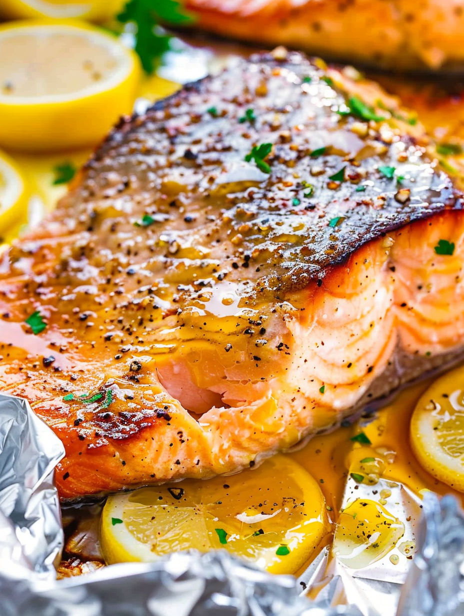 A pan of salmon with lemon and garlic butter.