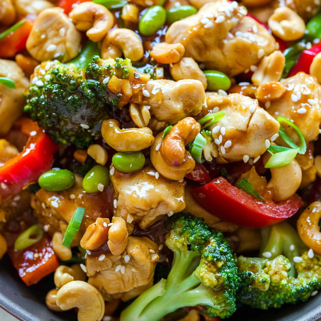 A bowl of cashew chicken with broccoli and peppers.