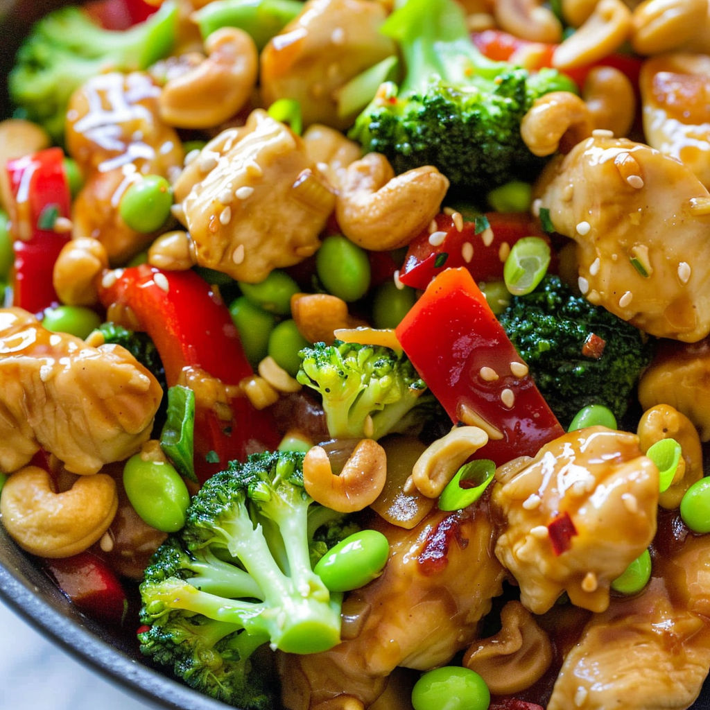 A dish of cashew chicken with broccoli and red peppers.
