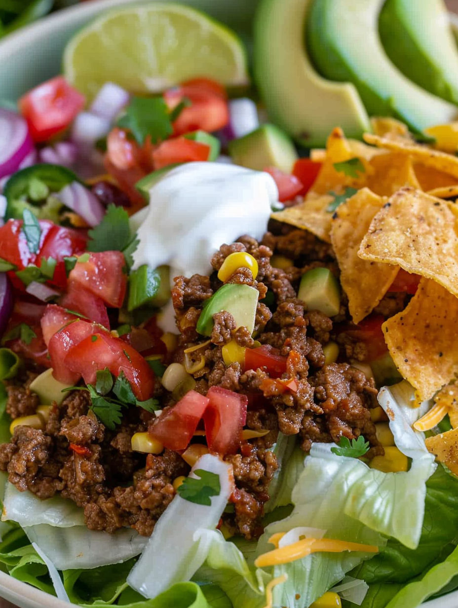 A salad with lettuce, tomatoes, avocado, and chips.