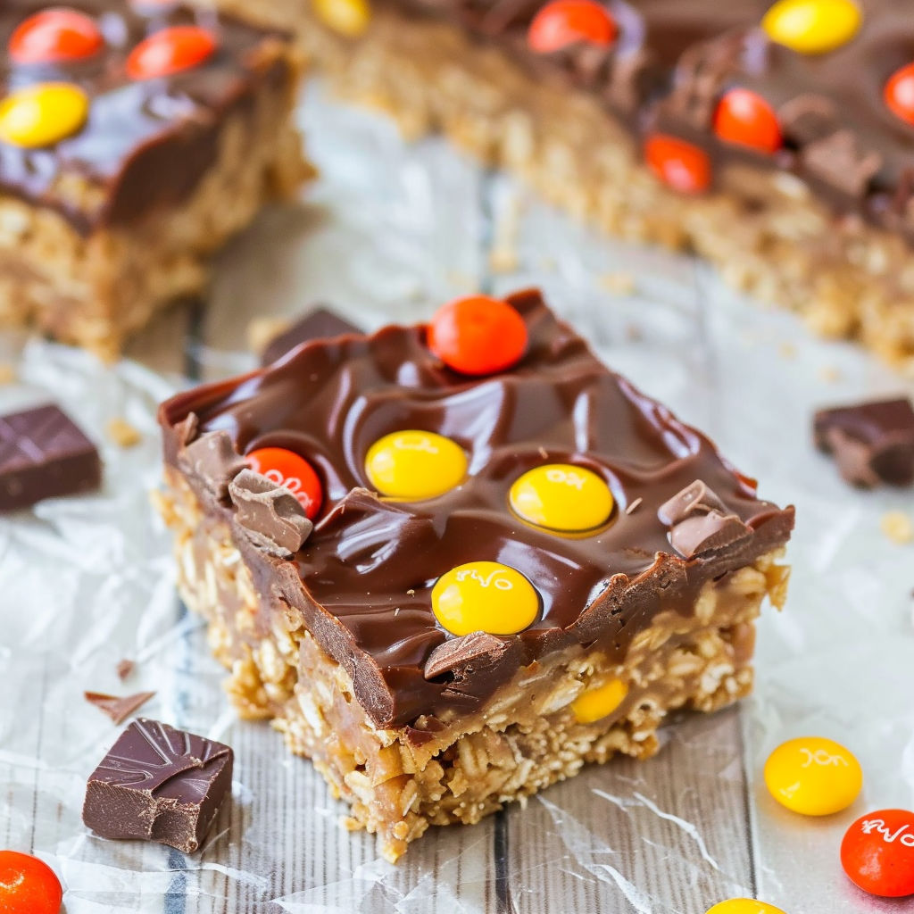 A piece of chocolate peanut butter candy bar.