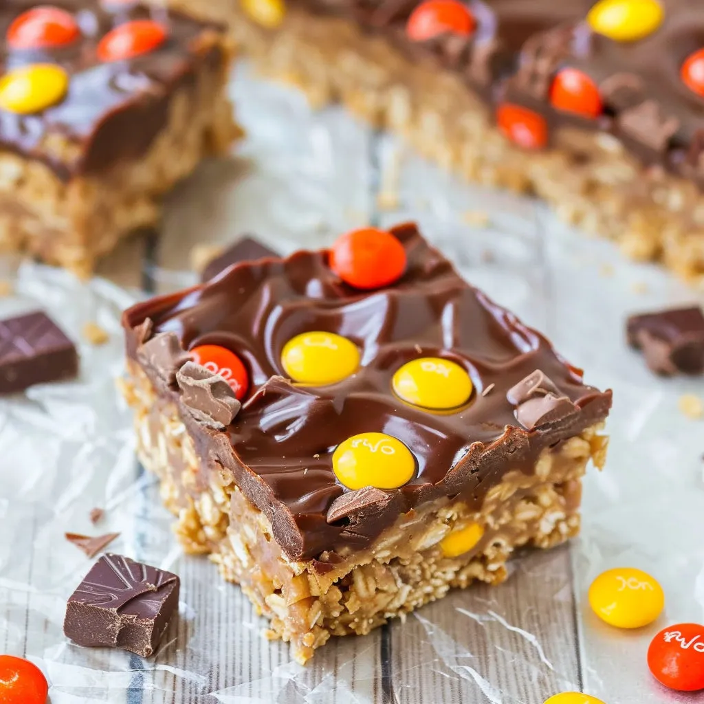 A piece of chocolate peanut butter candy bar.