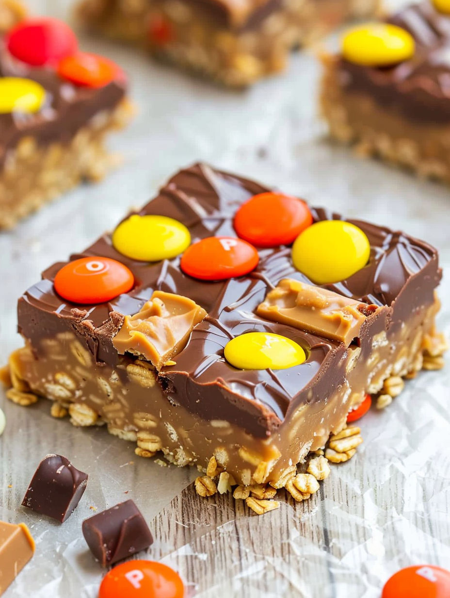 A close up of a chocolate peanut butter candy bar.