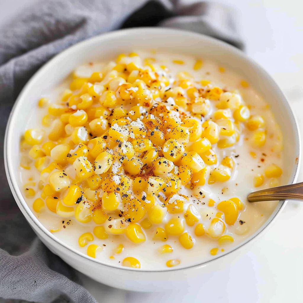 A bowl of creamed corn with corn kernels and seasoning.