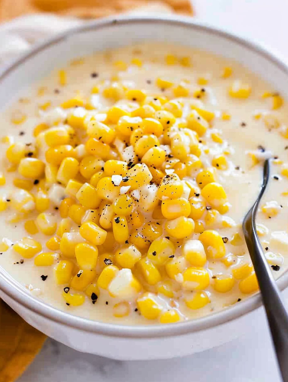 A bowl of creamed corn with black specks.
