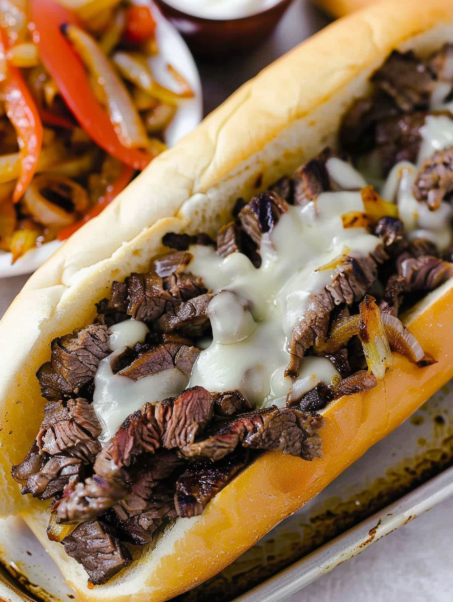 A Philly Cheesesteak sandwich with onions.