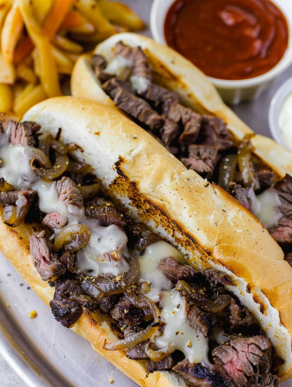 A Philly Cheesesteak sandwich with onions and cheese.