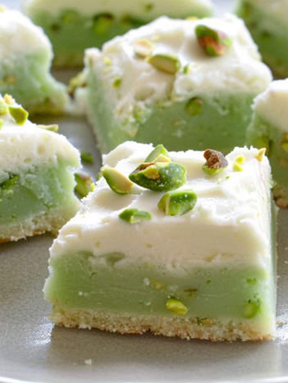 A close up of a pistachio cookie bar.