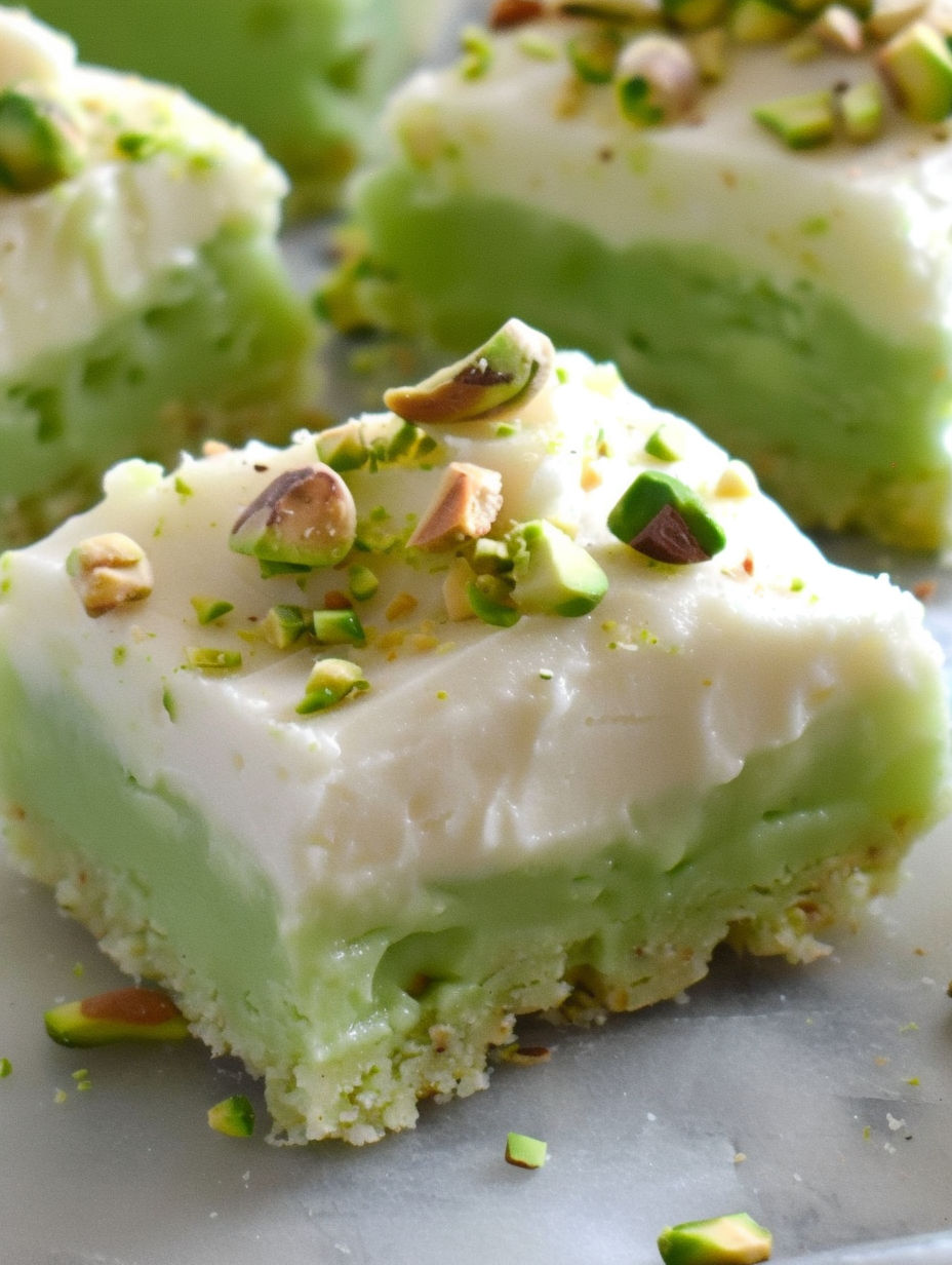 A close up of a pistachio cookie bar.