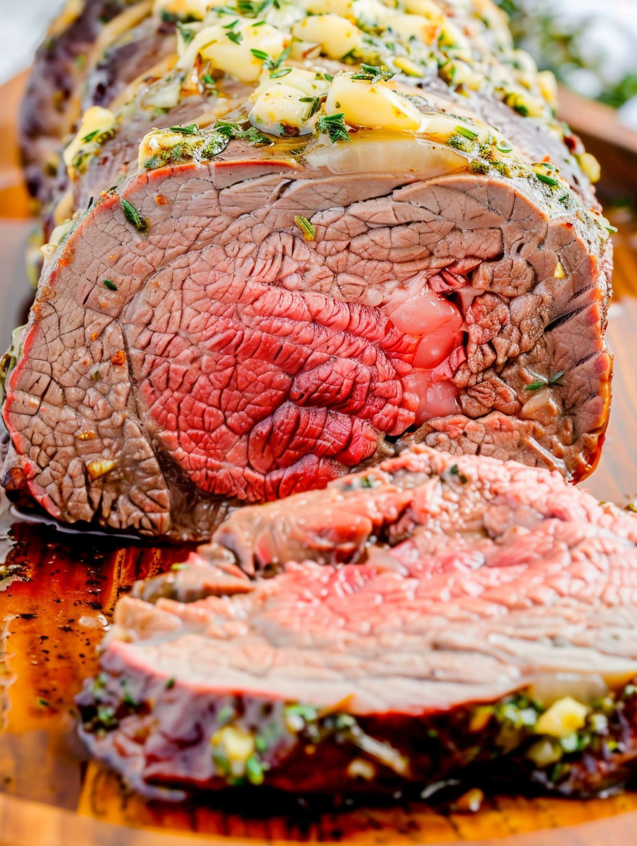 A roast of beef with garlic herb butter.