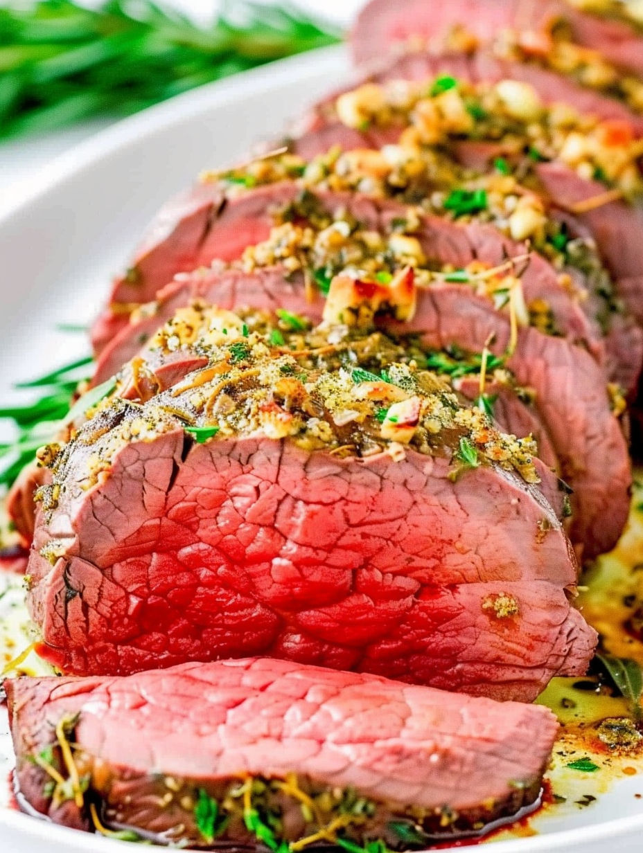 A beef tenderloin roast with garlic herb butter.