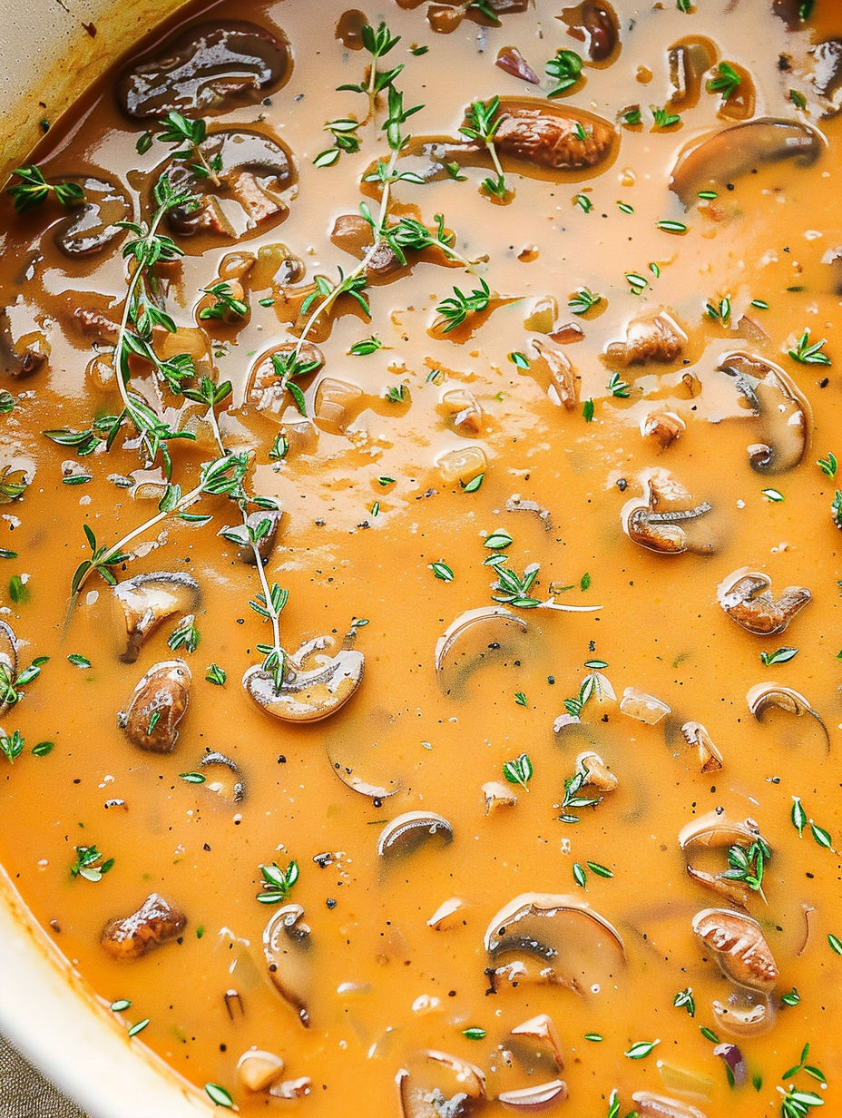 A bowl of mushroom gravy with mushrooms and herbs.