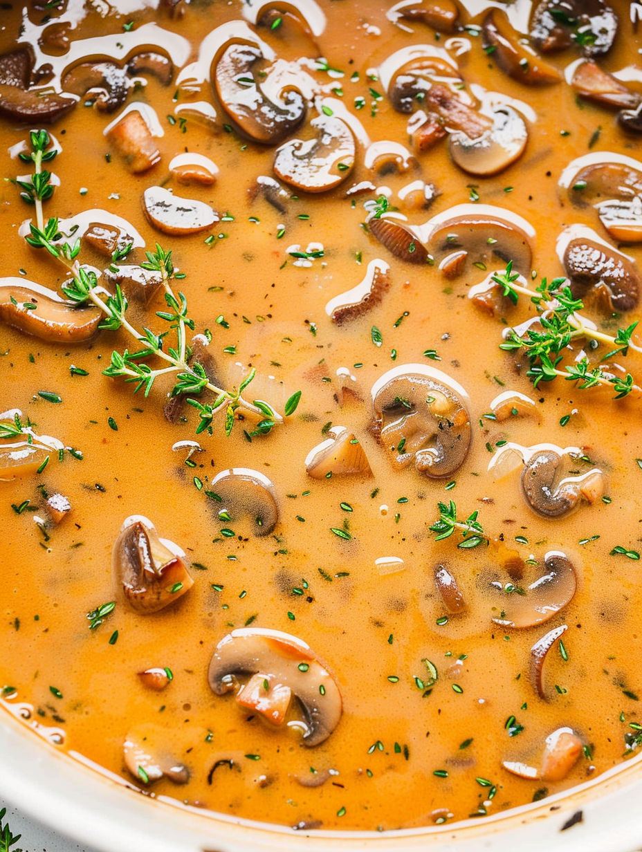 Mushroom gravy with mushrooms and herbs.