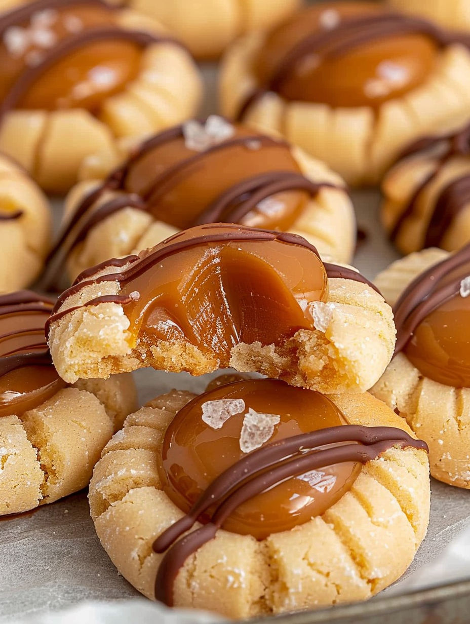 Twix thumbprint cookies with chocolate drizzle.
