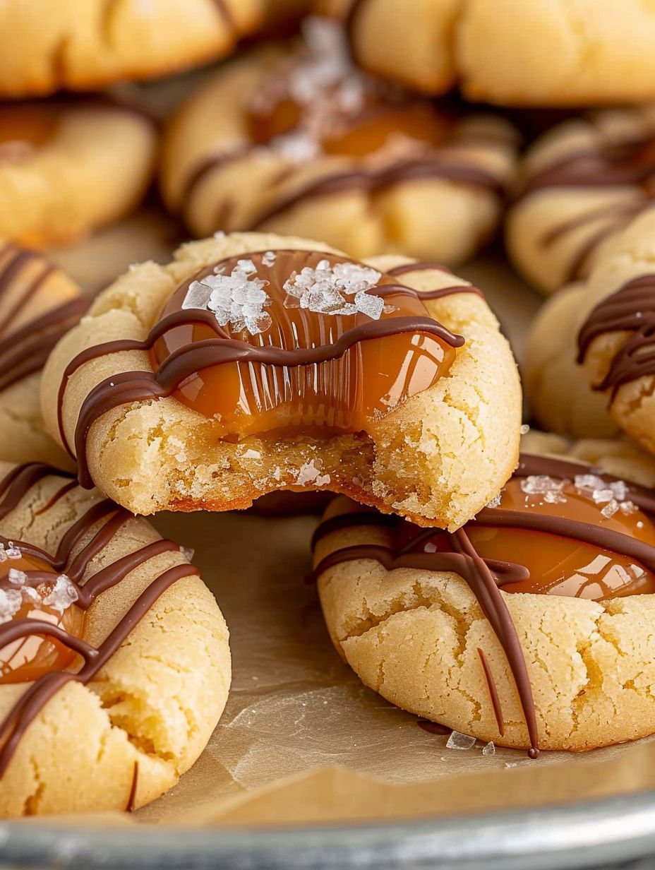 A close up of a Twix Thumbprint Cookie.