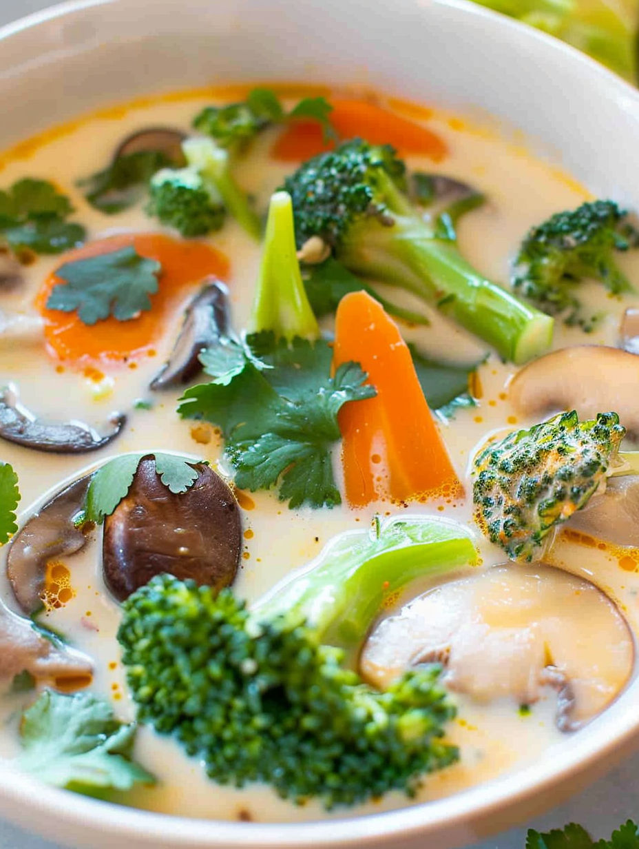 A bowl of soup with mushrooms, broccoli, carrots, and other vegetables.
