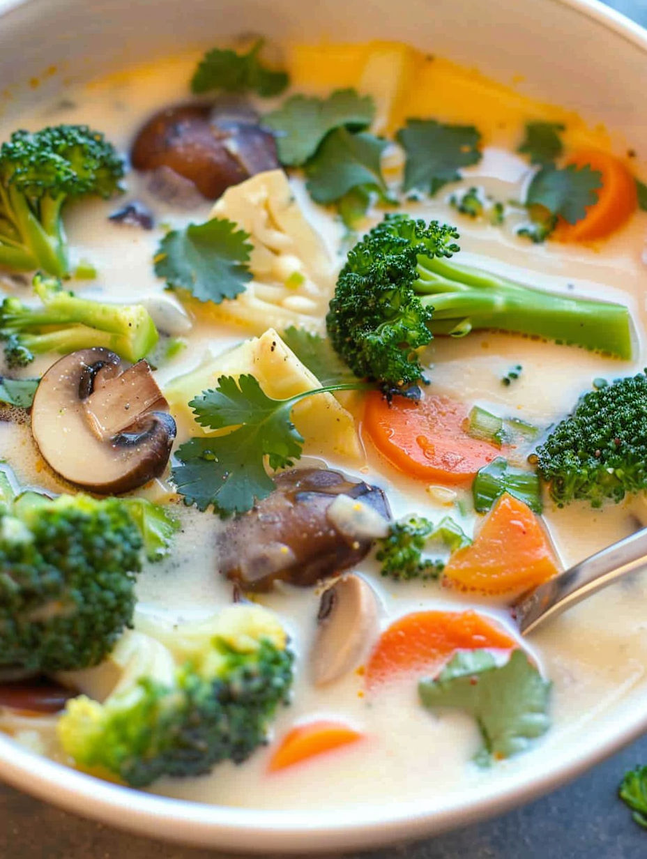 A bowl of soup with broccoli, carrots, and mushrooms.