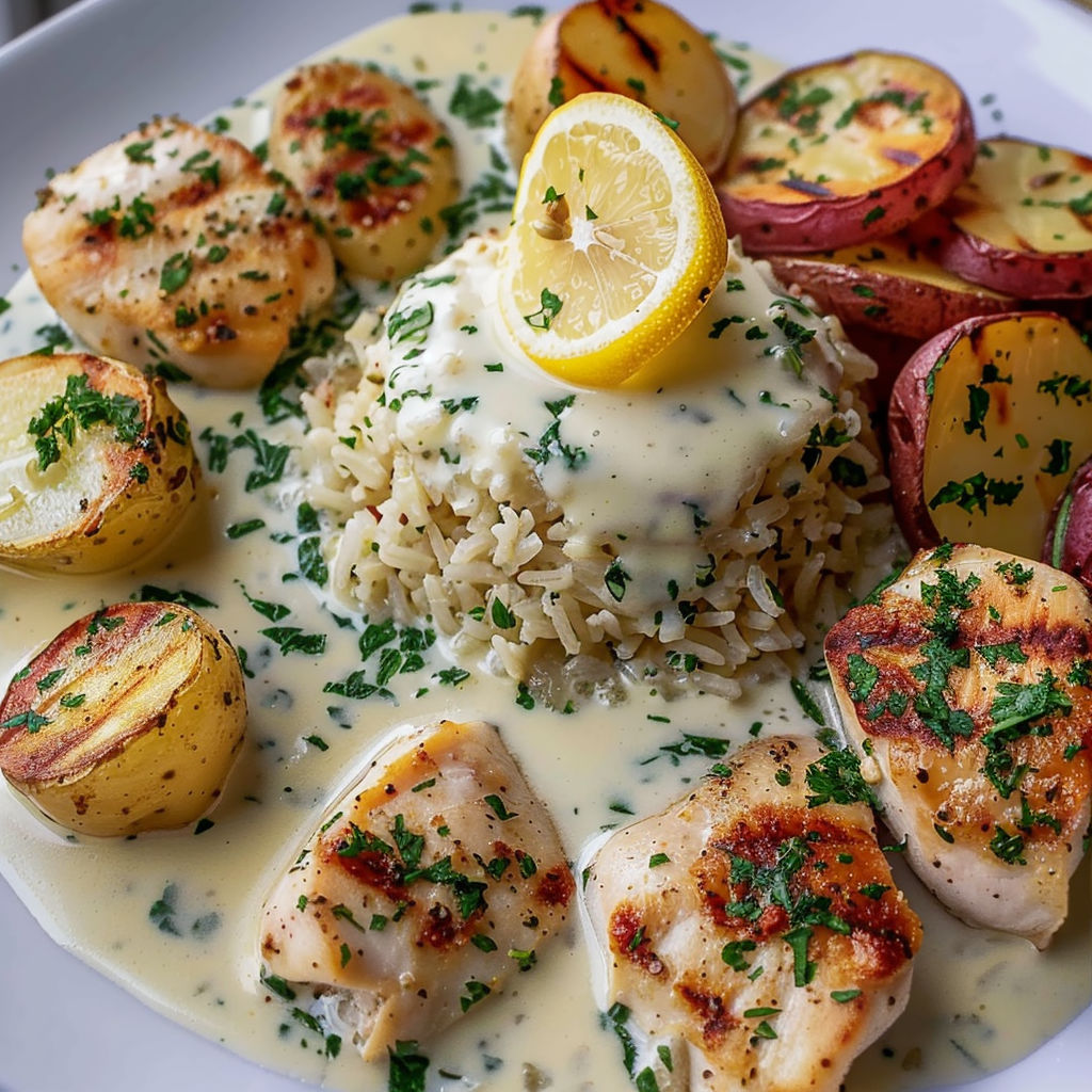 A plate of food with chicken, rice, potatoes, and lemon.