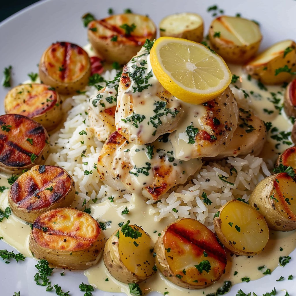 A plate of food with chicken, rice, and potatoes.