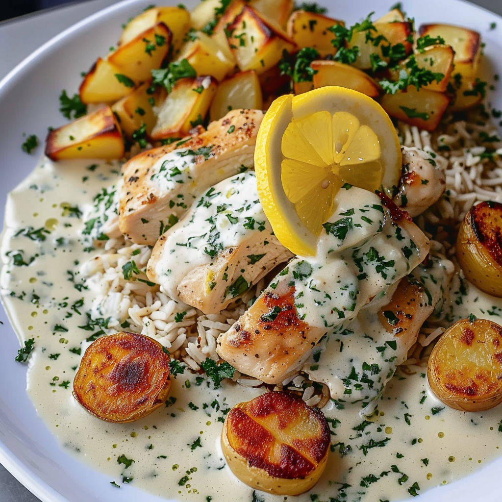 A plate of food with chicken, rice, and potatoes.