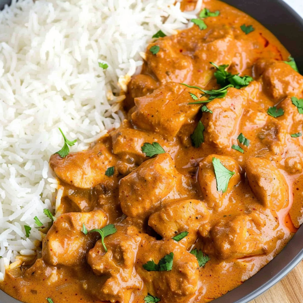 A bowl of slow cooker butter chicken with rice.