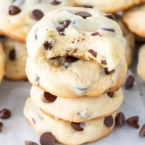 A stack of chocolate chip cheesecake cookies.