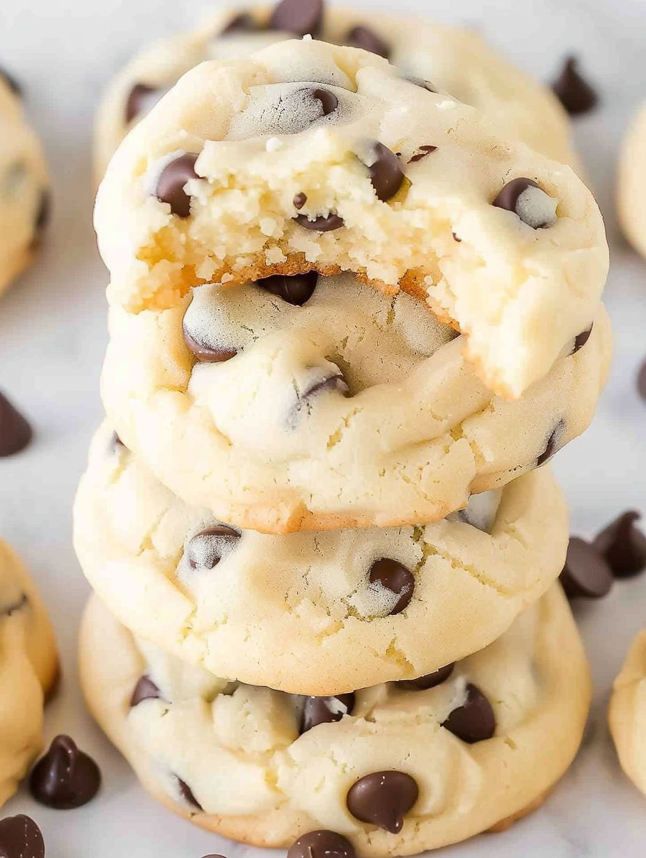 A stack of chocolate chip cheesecake cookies.
