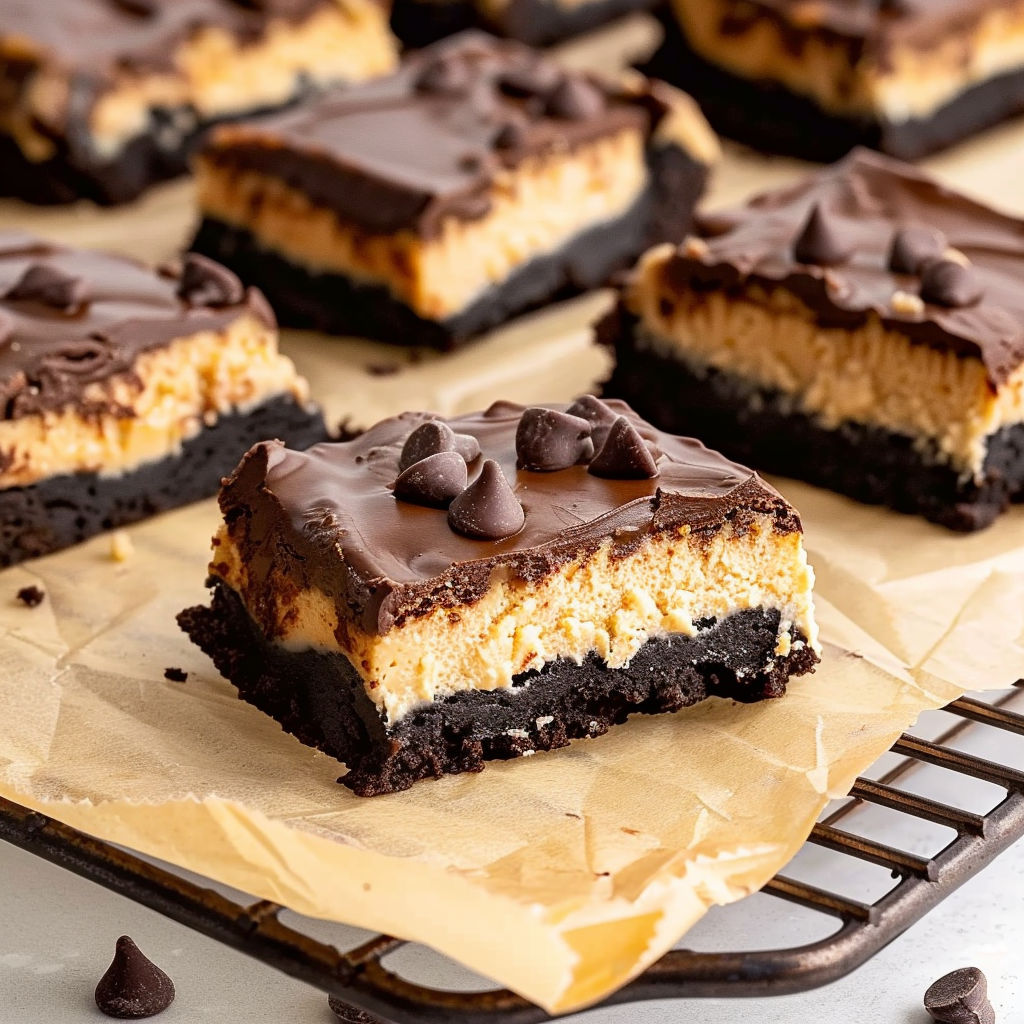 A close up of a chocolate and peanut butter buckeye brownie.