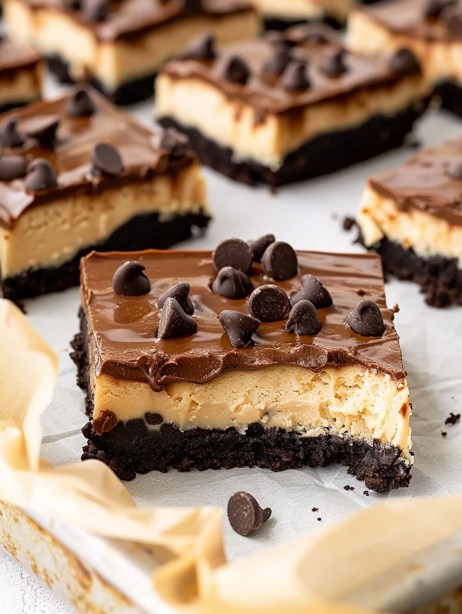 A close up of a chocolate dessert with chocolate chips.